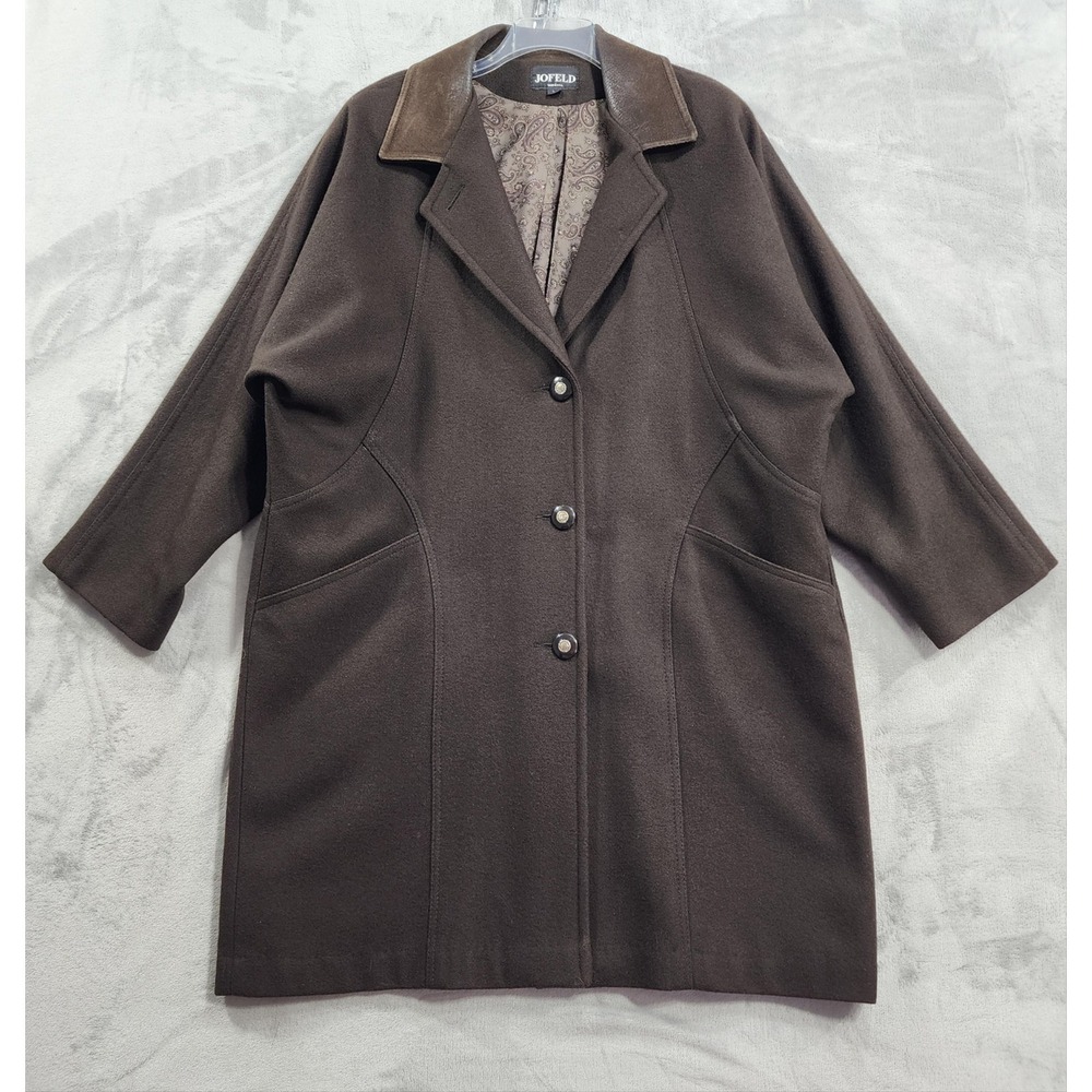 Vintage JOFELD Coat Womens L Brown Wool Overcoat Leather Collar Lined Pockets